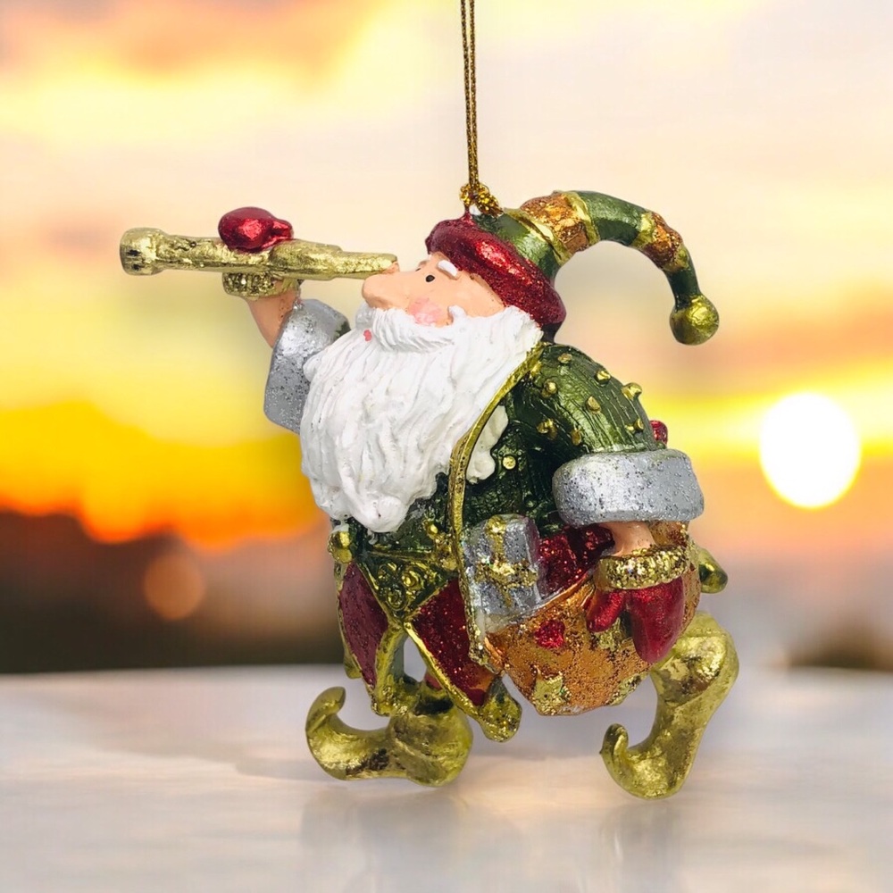 VTG Gnome Santa holds Telescope Binocular Bag Glitter Christmas Ornament Fantasy